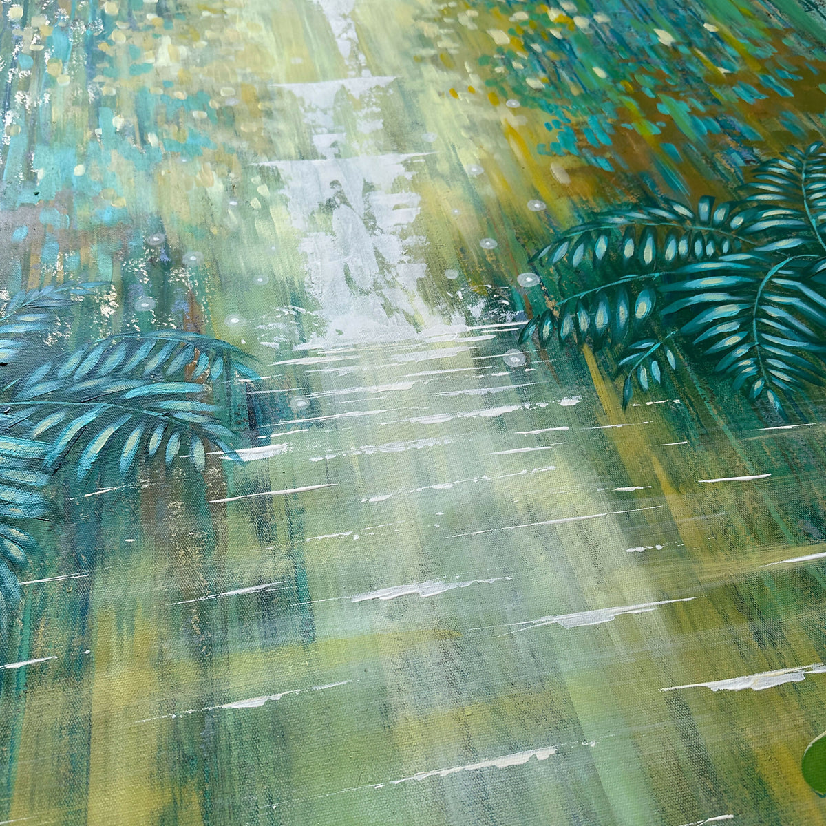 Sparkling Waterfall by an Emerald Forest Pond - Original Artwork