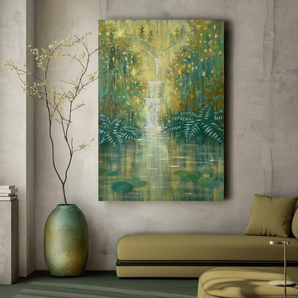 Sparkling Waterfall by an Emerald Forest Pond - Original Artwork