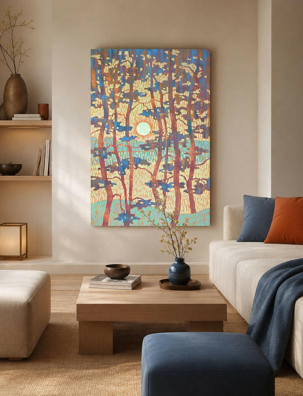 Sunset Between Blue Pines - Original painting-by-Ekaterina Prisich Original Art-original art-Gioia