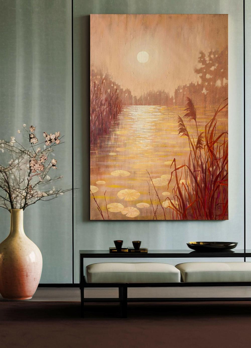 Sunset Pond With Reeds, Original Hand-painted Canvas by Ekaterina Prisich-by-Ekaterina Prisich-original art-Gioia
