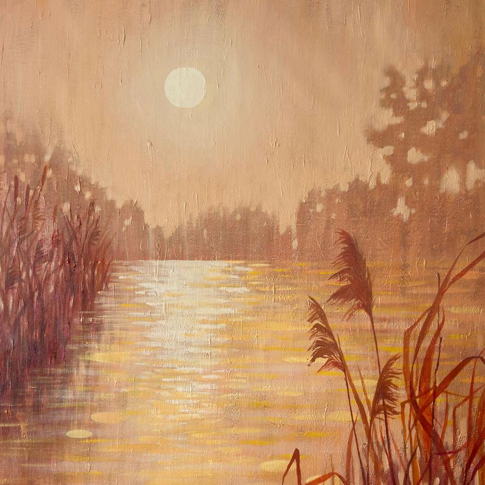 Sunset Pond With Reeds, Original Hand-painted Canvas by Ekaterina Prisich-by-Ekaterina Prisich-original art-Gioia
