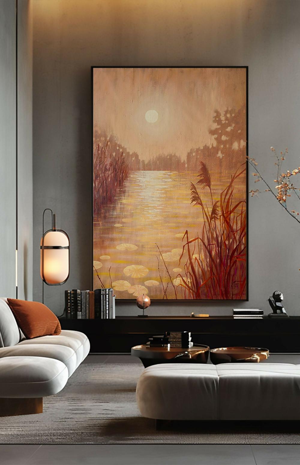Sunset Pond With Reeds, Original Hand-painted Canvas by Ekaterina Prisich-by-Ekaterina Prisich-original art-Gioia