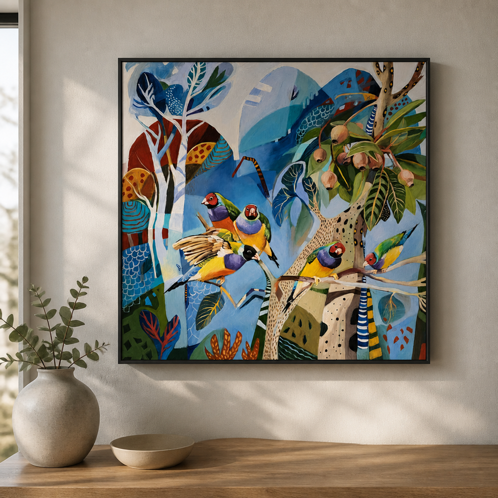 Gouldian Finches on Blue