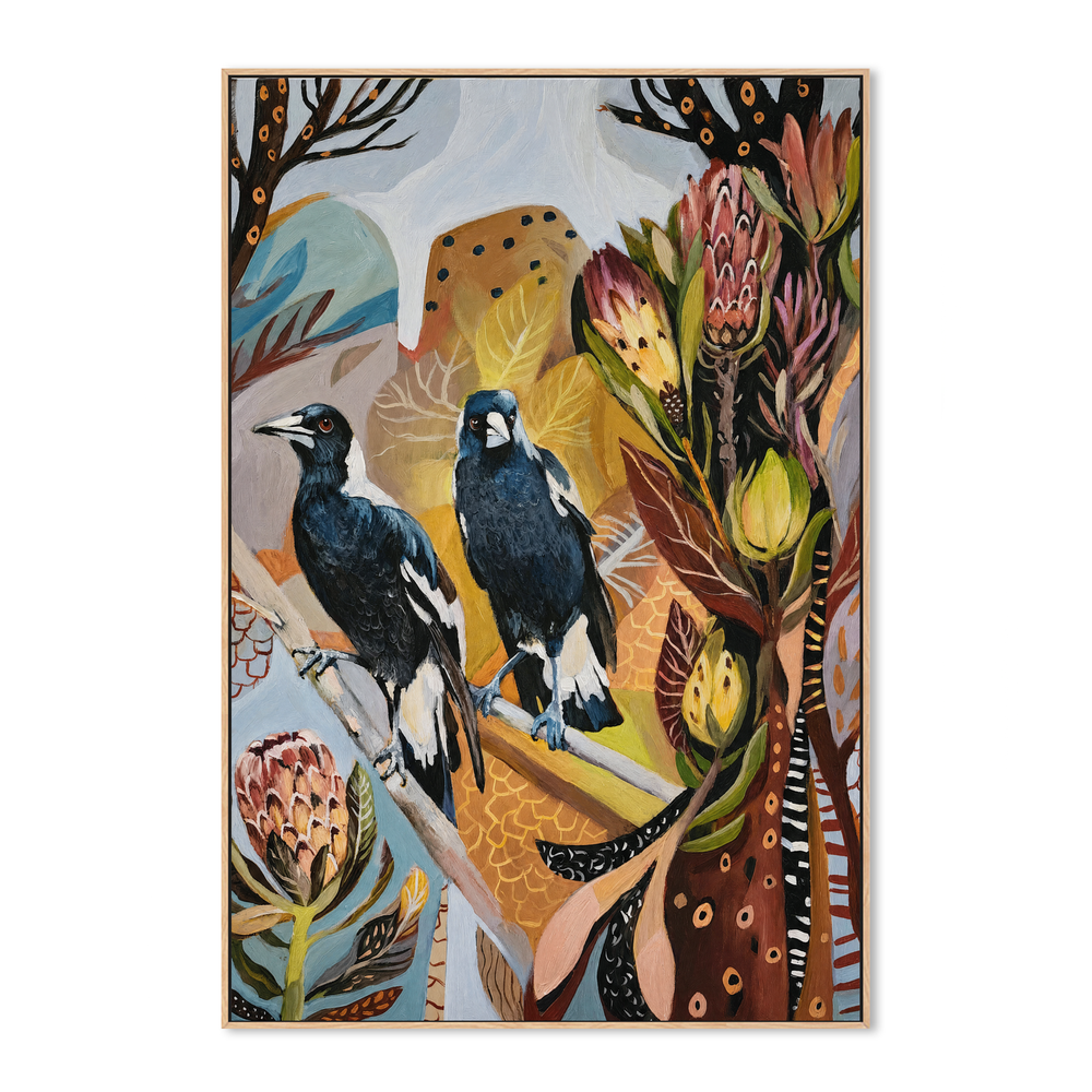 Magpies with Protea