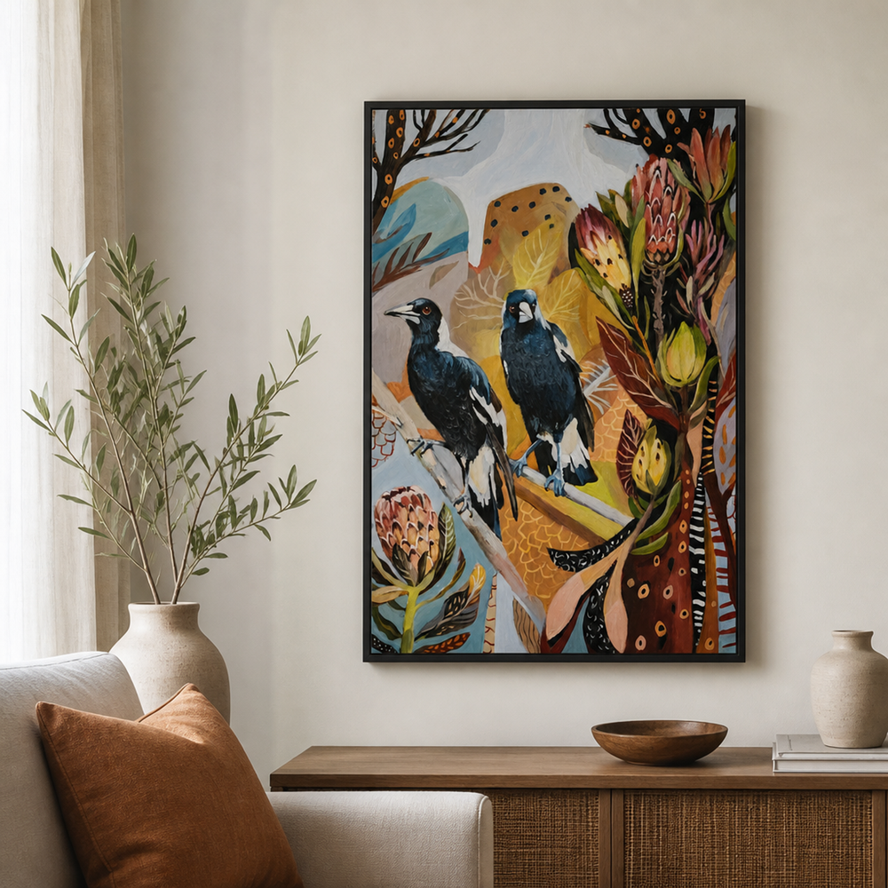 Magpies with Protea