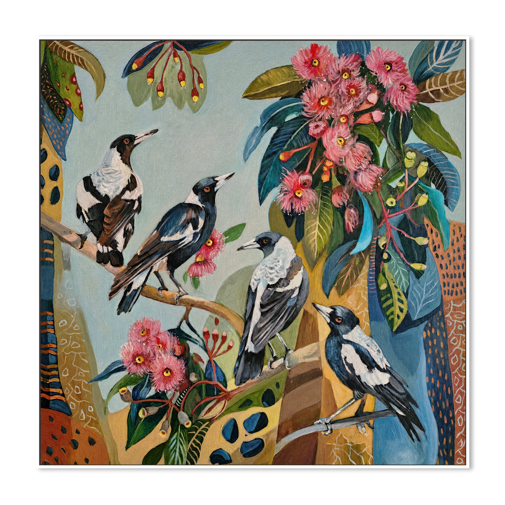 Magpies with Pink Gum Blossom