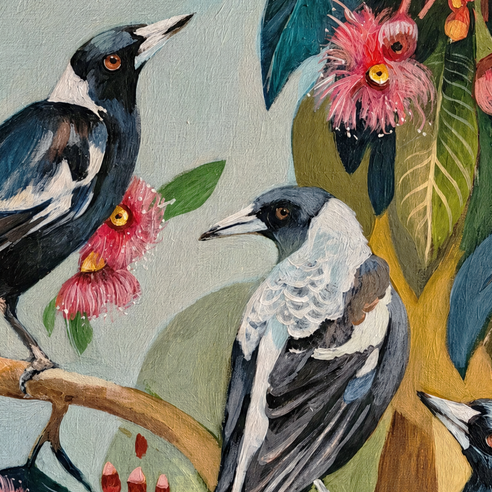 Magpies with Pink Gum Blossom