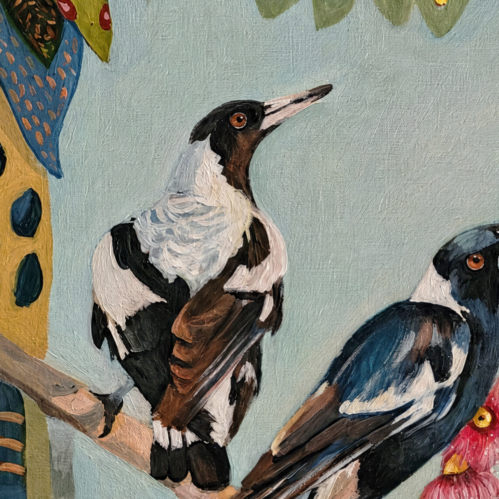 Magpies with Pink Gum Blossom