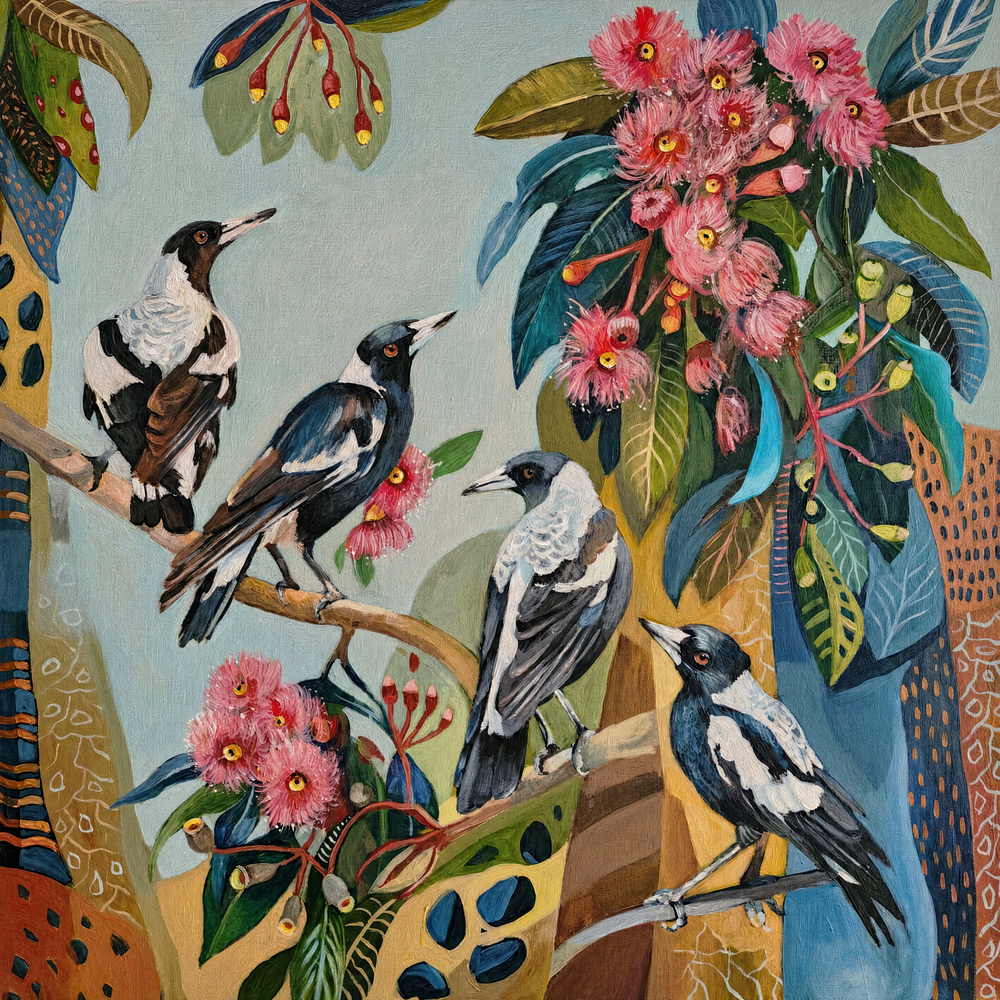 Magpies with Pink Gum Blossom