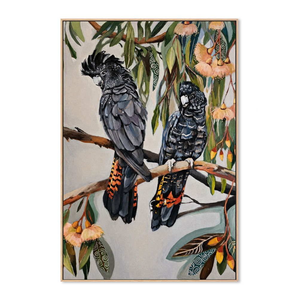 Black Cockatoos with Peach Gum Blossom
