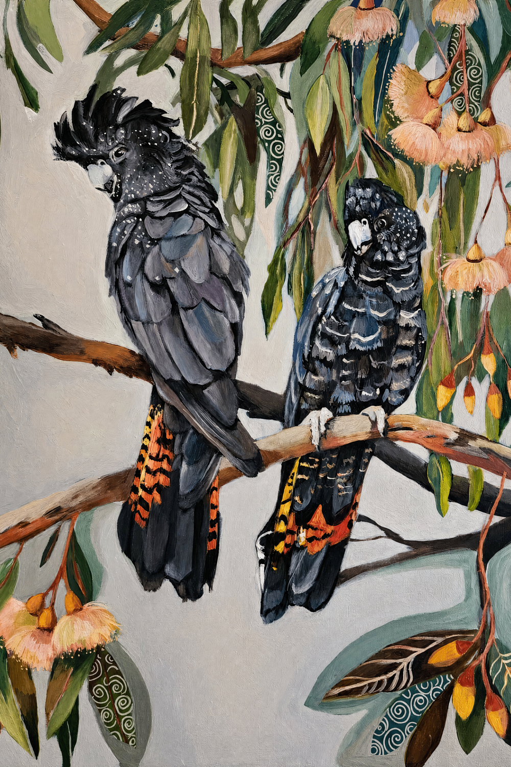 Black Cockatoos with Peach Gum Blossom