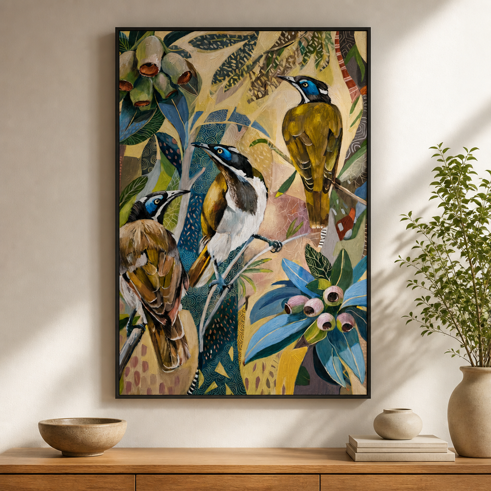 Blue Faced Honeyeaters with Gumnuts