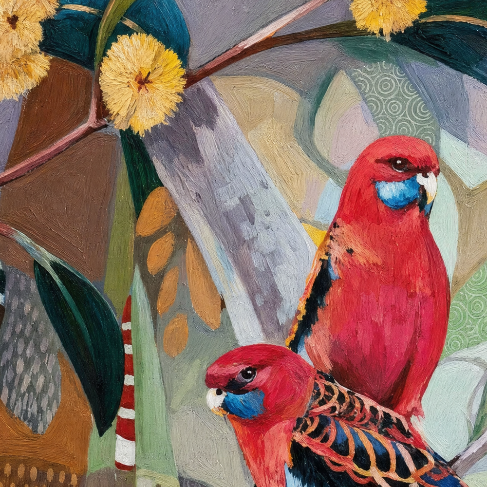 Crimson Rosellas with Wattle