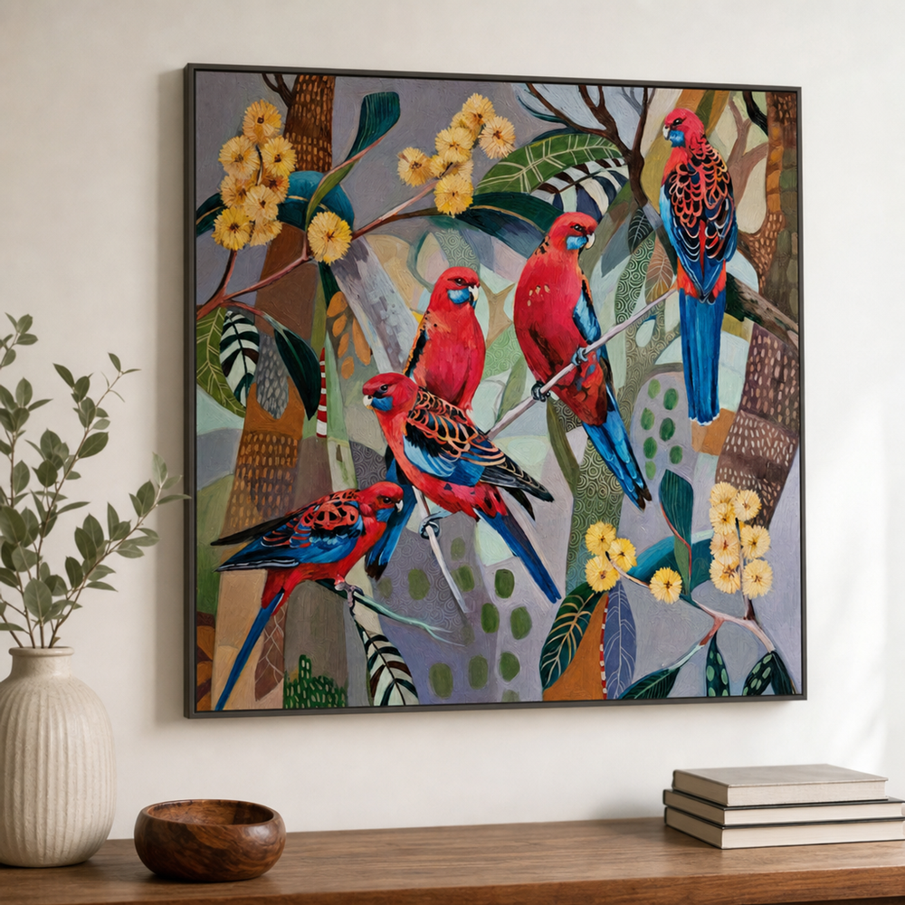 Crimson Rosellas with Wattle