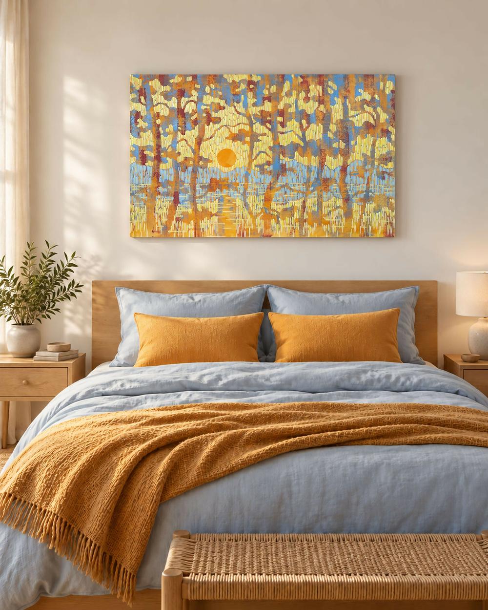 Through the Pines. Yellow Sunset - Original Painting-by-Ekaterina Prisich Original Art-original art-Gioia