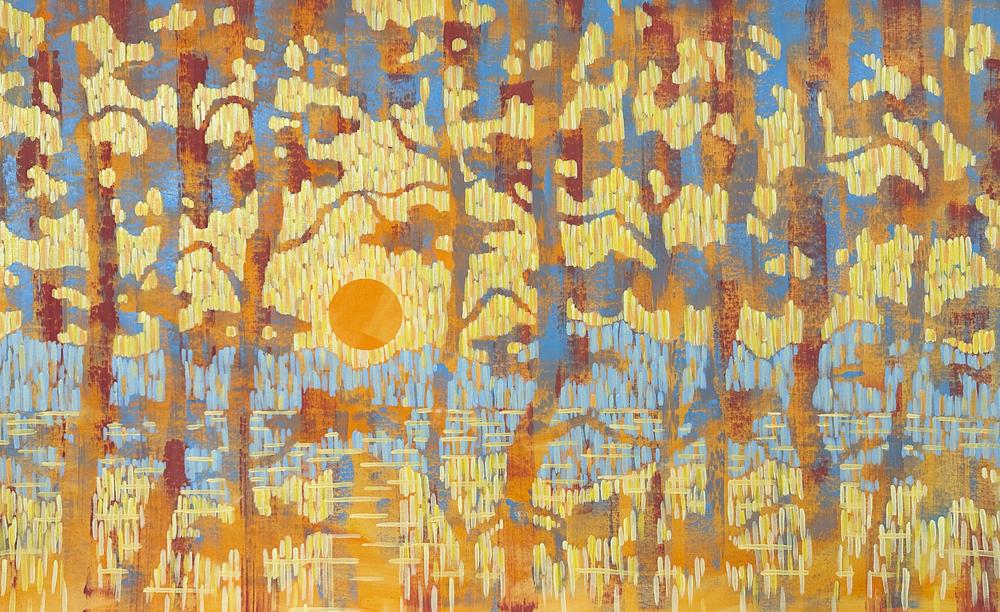 Through the Pines. Yellow Sunset - Original Painting-by-Ekaterina Prisich Original Art-original art-Gioia