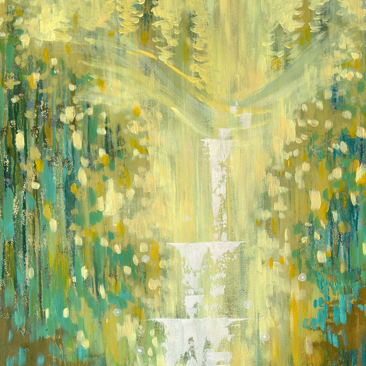 Sparkling Waterfall by an Emerald Forest Pond - Original Artwork