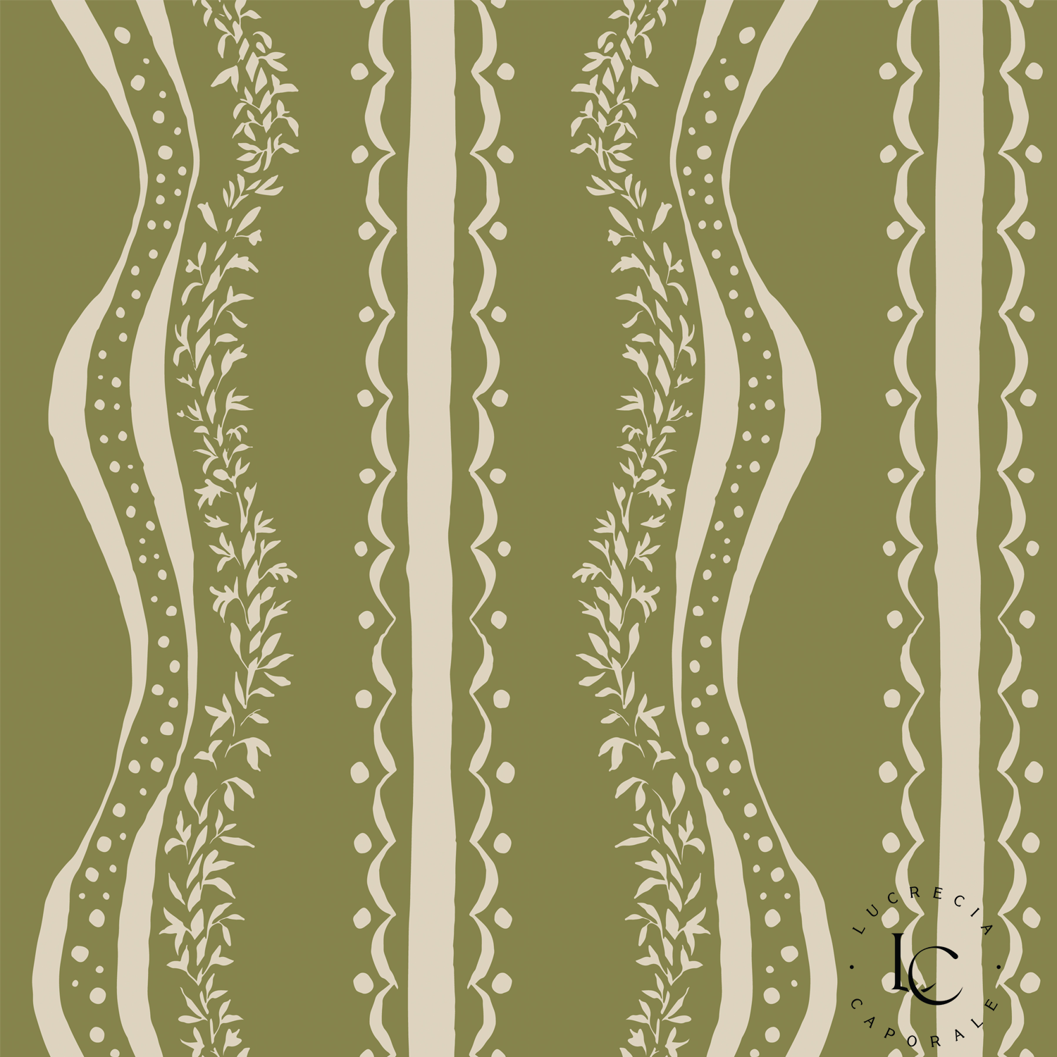 Decorative Waves Olive Green, Wallpaper