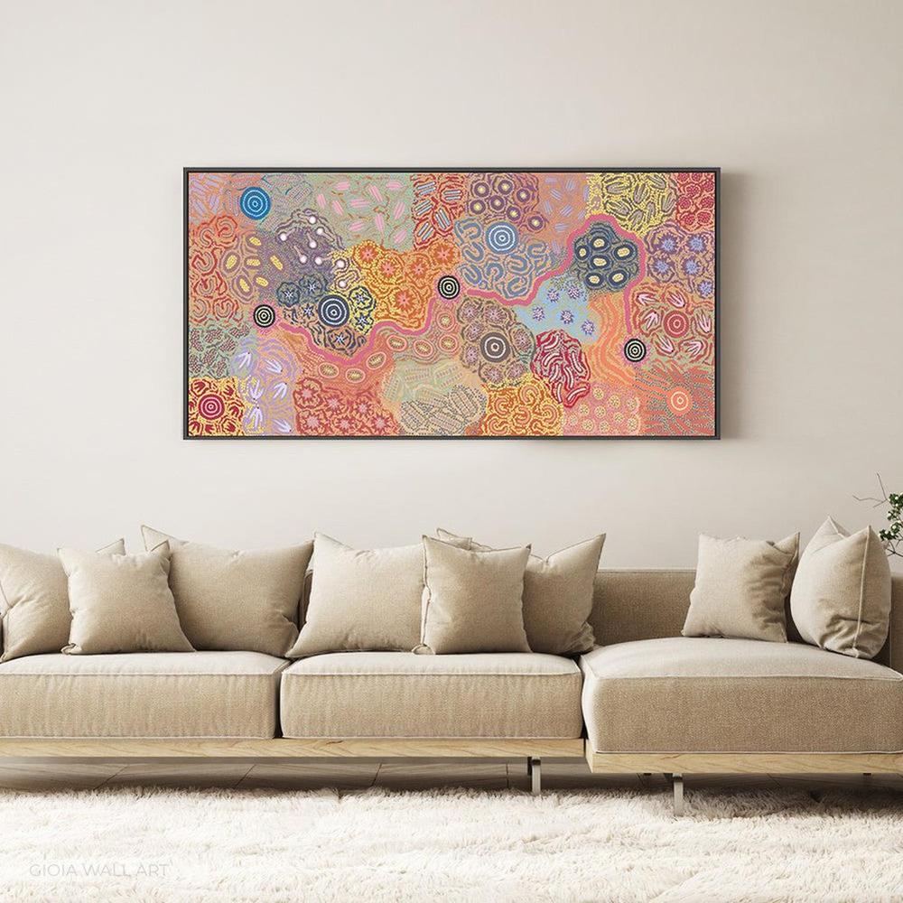 Women's Ceremony Dancing Feather, Acrylic on Canvas, 96x202cm , Original Artwork-by-Azeza Possum-original art-Gioia
