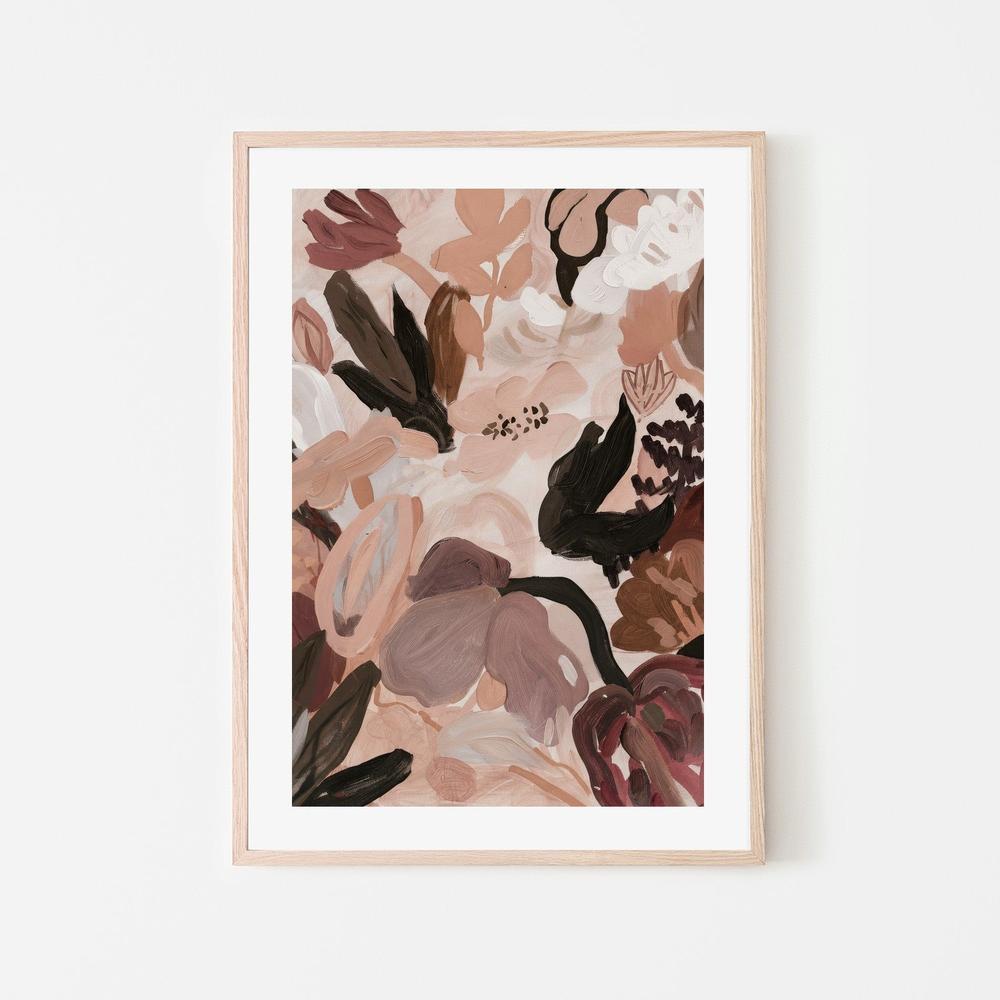 Abstract Blooms, Neutral Brown and Burgundy-by-Stephanie Jeuffroy-wall-art-print-canvas-poster-framed-Gioia