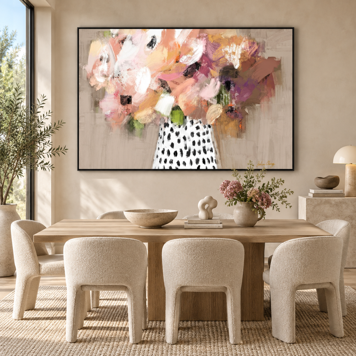 Abstract Flower Bouquet in a black floating frame in a contemporary dining room