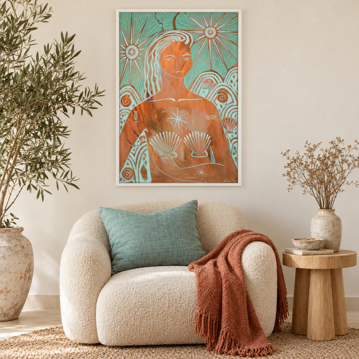 Amazonite Mermaid wall art styled in a light bohemian cozy corner