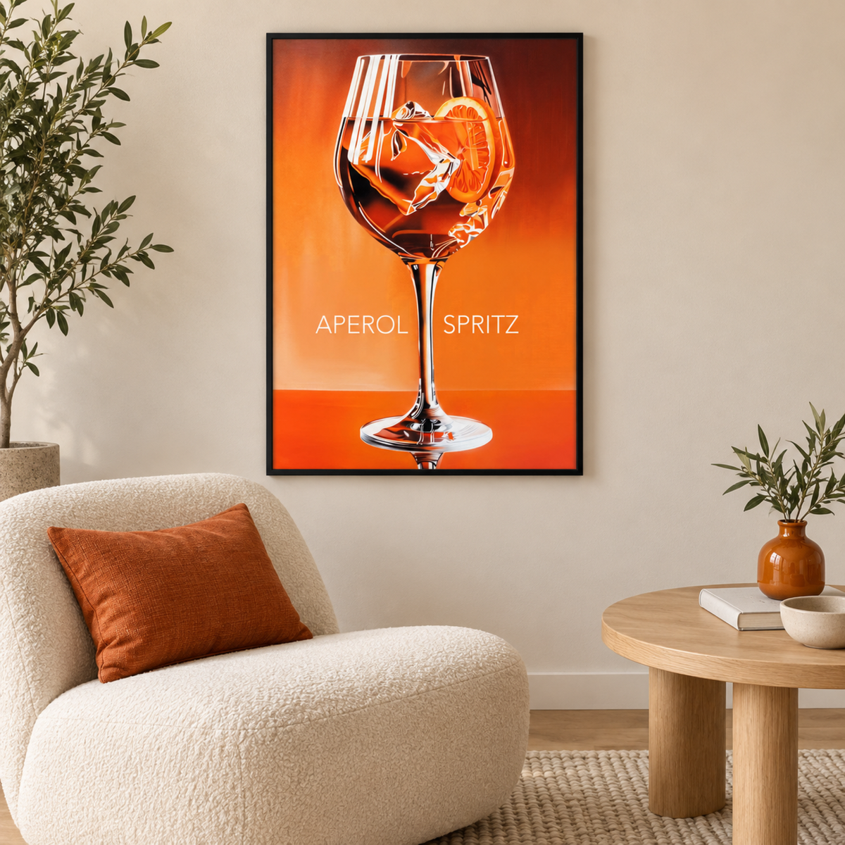 Aperol Spritz Orange wall art in a contemporary reading corner