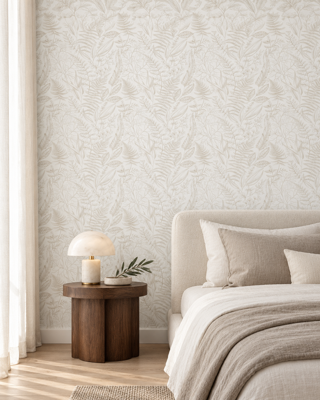 Assorted Beige Leaves Wallpaper in a modern ivory bedroom with walnut bedside pedestal and alabaster lamp