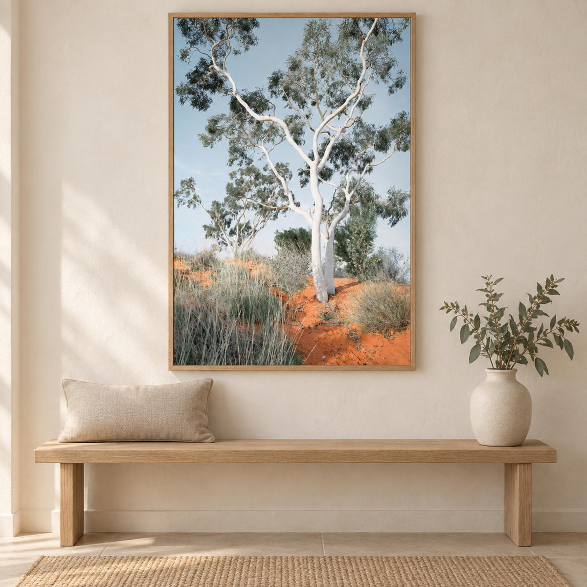 Australian Gum Tree wall art styled above a relaxed natural-oak bench