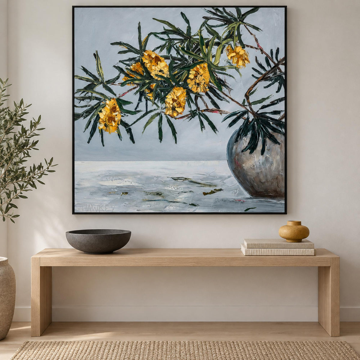 Banksias wall art styled in a refined contemporary entryway