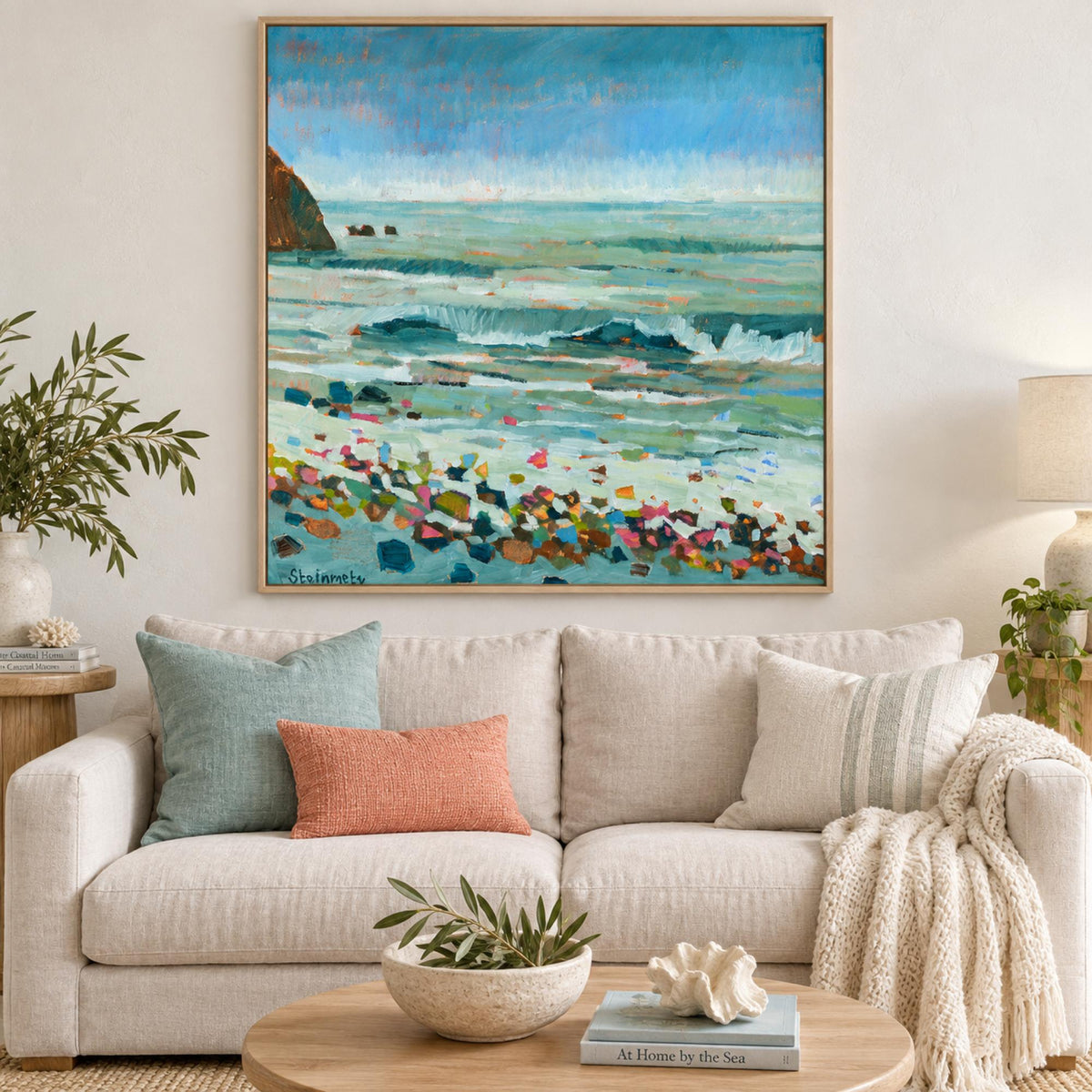 Beach Pebble Color wall art styled above a coastal sofa
