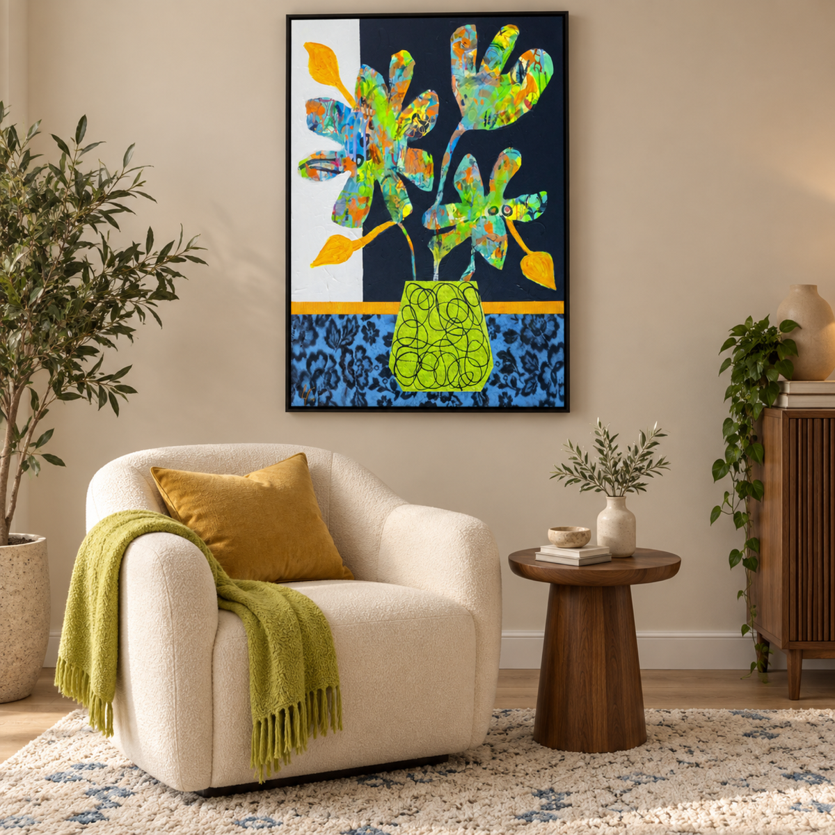 Beatrice by Lindy Farley in a black frame above a cream armchair with gold and lime textiles and walnut furniture.