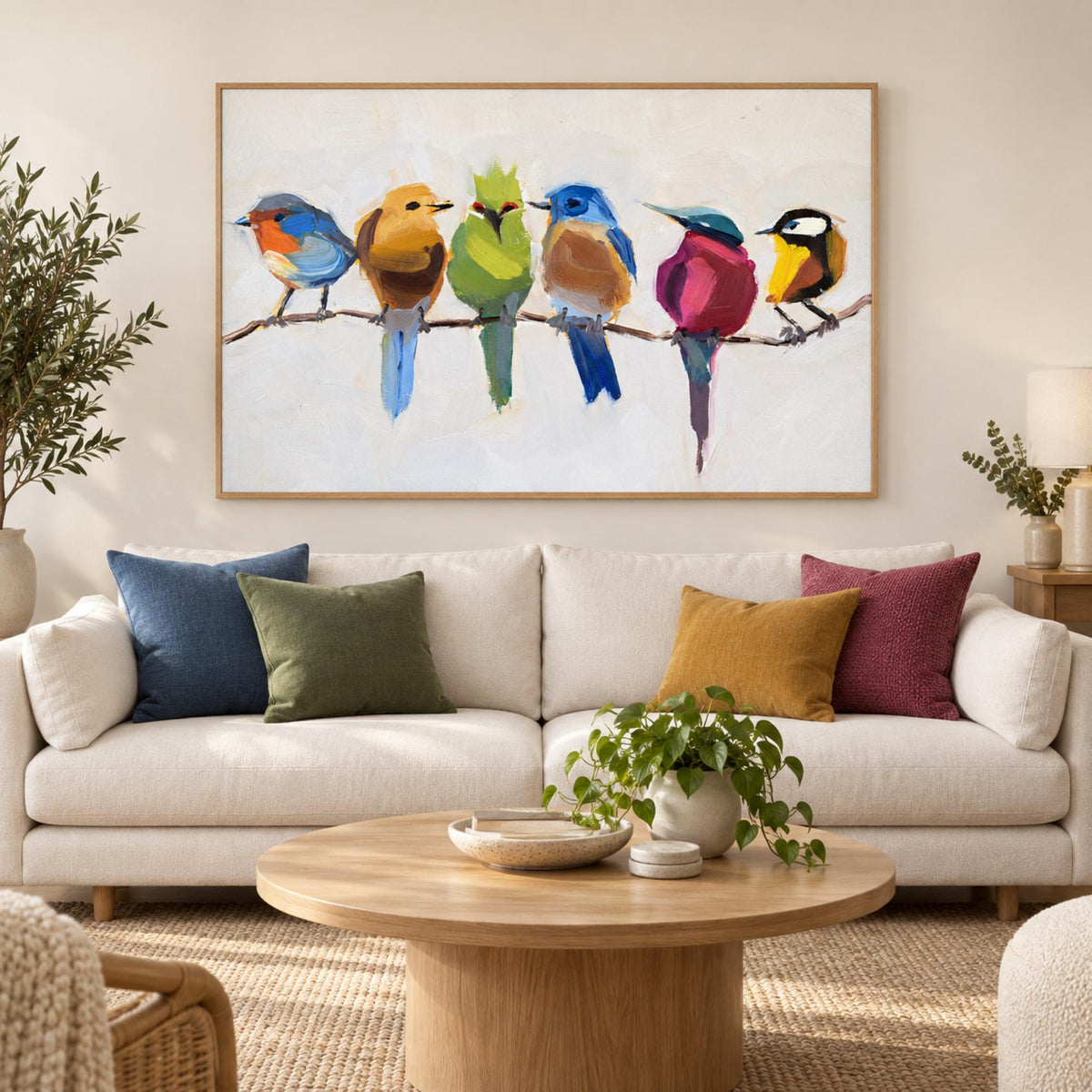 Birds On a Branch wall art centred above a light cream sofa