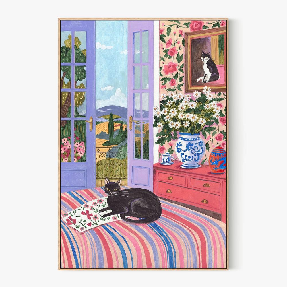 Black Cat on Bed French Doors Garden View-by-Caroline Bonne Muller-wall-art-print-canvas-poster-framed-Gioia