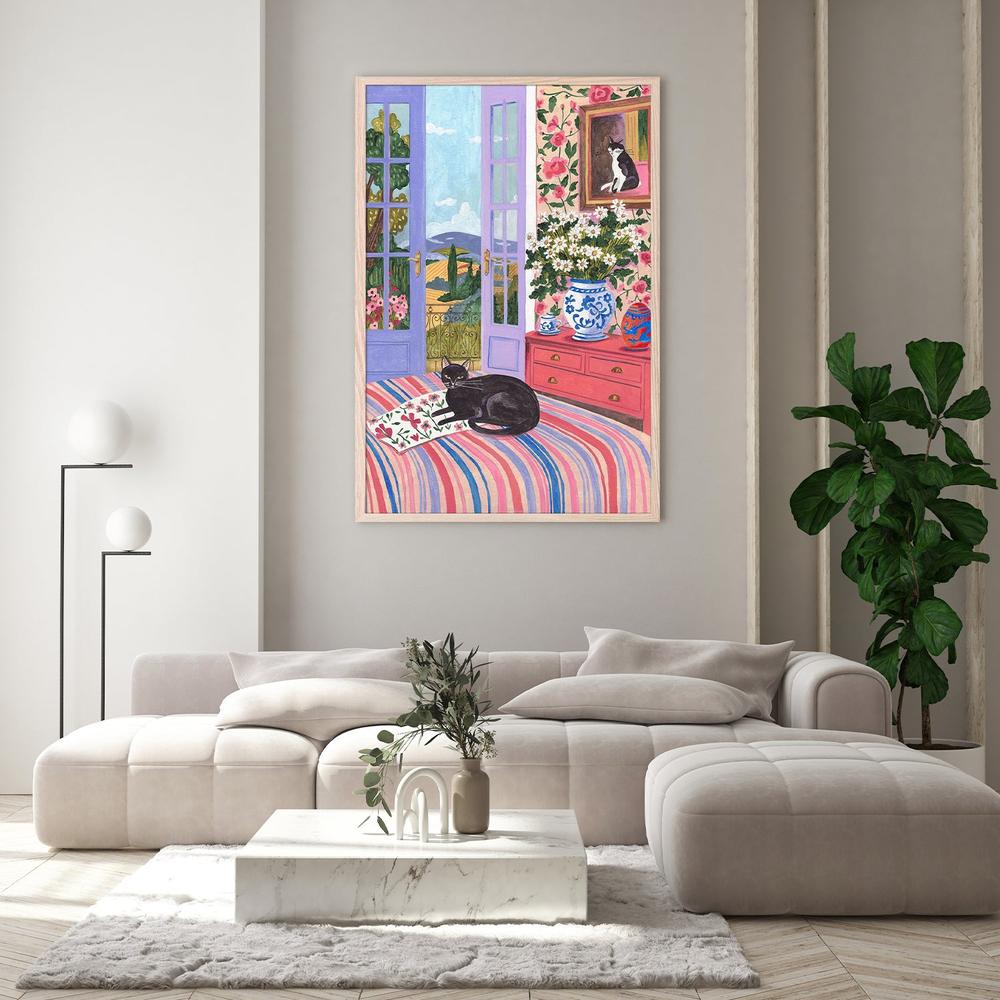 Black Cat on Bed French Doors Garden View-by-Caroline Bonne Muller-wall-art-print-canvas-poster-framed-Gioia