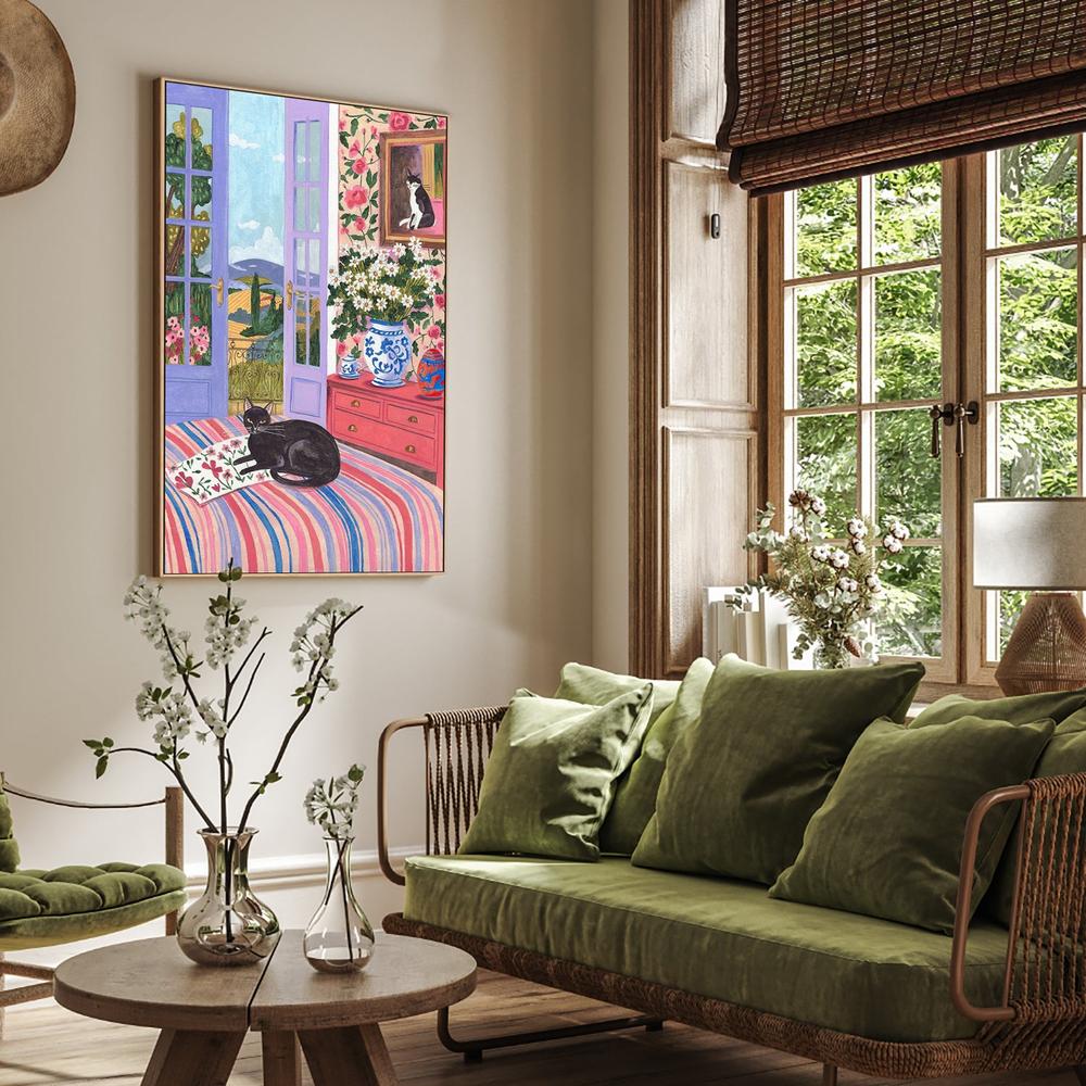 Black Cat on Bed French Doors Garden View-by-Caroline Bonne Muller-wall-art-print-canvas-poster-framed-Gioia