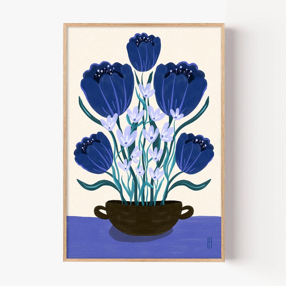 Blue Floral Arrangement-by-Dirkie Nell-wall-art-print-canvas-poster-framed-Gioia