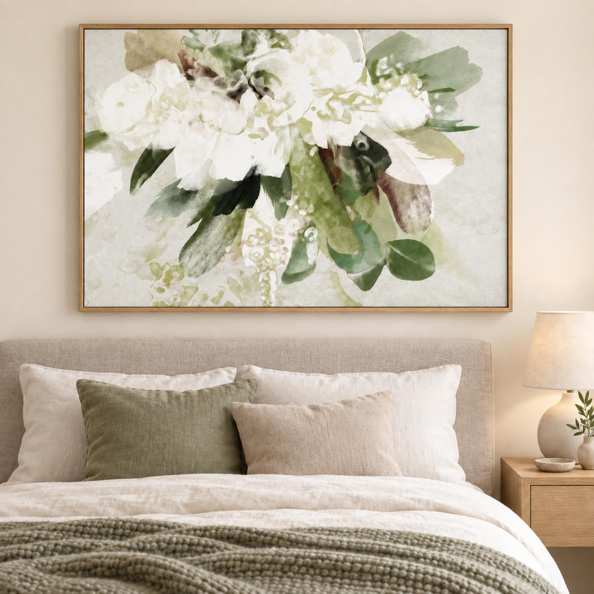 Bouquet Green wall art centred above a serene contemporary bedhead