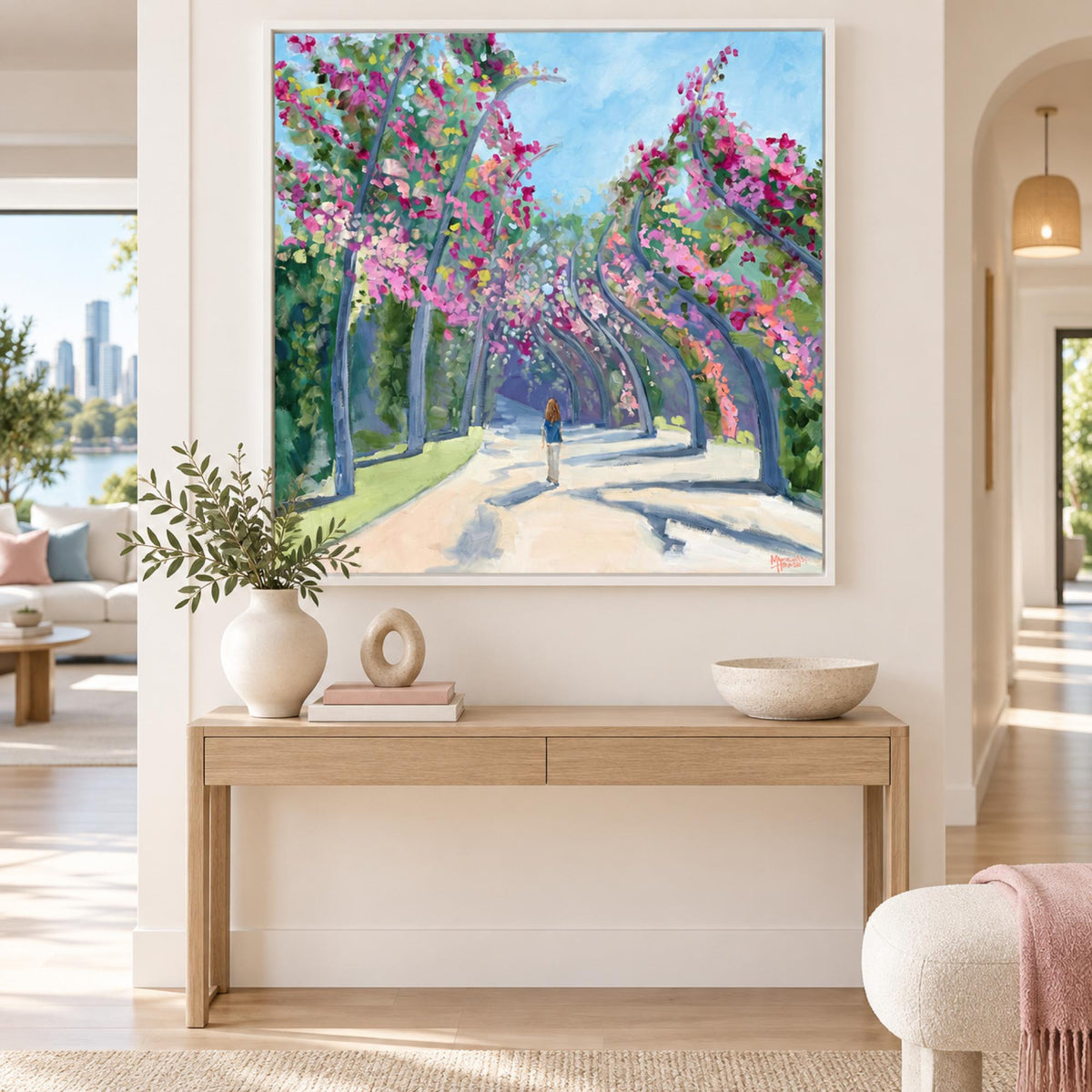 Brisbane Southbank by Meredith Howse in a white floating frame above a pale oak hallway console.
