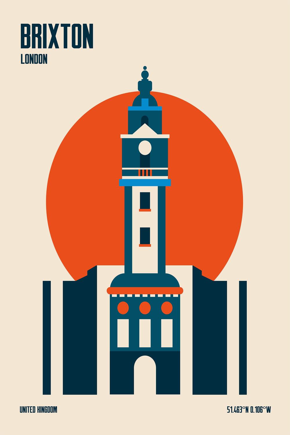 Brixton Clock Tower London-by-Retrodrome-wall-art-print-canvas-poster-framed-Gioia