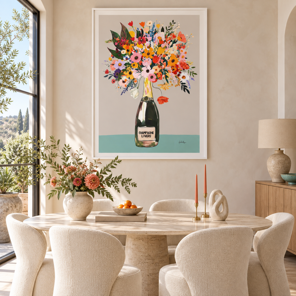 Champagne Lovers in a white floating frame in a contemporary dining room