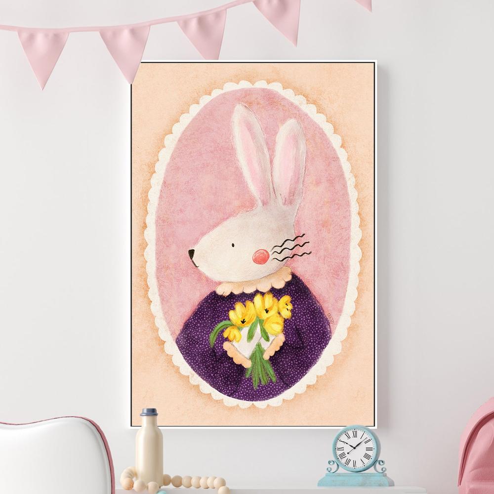 Charming Bunny With Tulips-by-Dirkie Nell-wall-art-print-canvas-poster-framed-Gioia