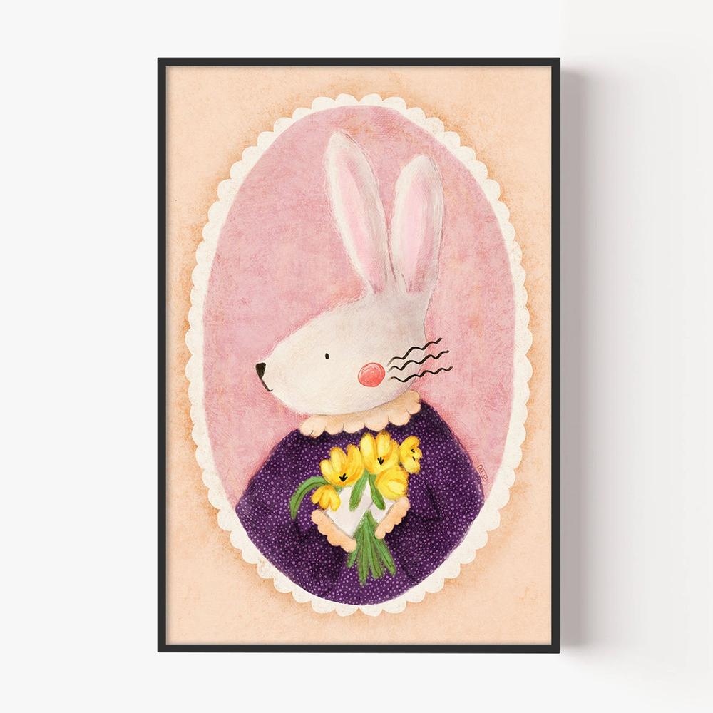 Charming Bunny With Tulips-by-Dirkie Nell-wall-art-print-canvas-poster-framed-Gioia