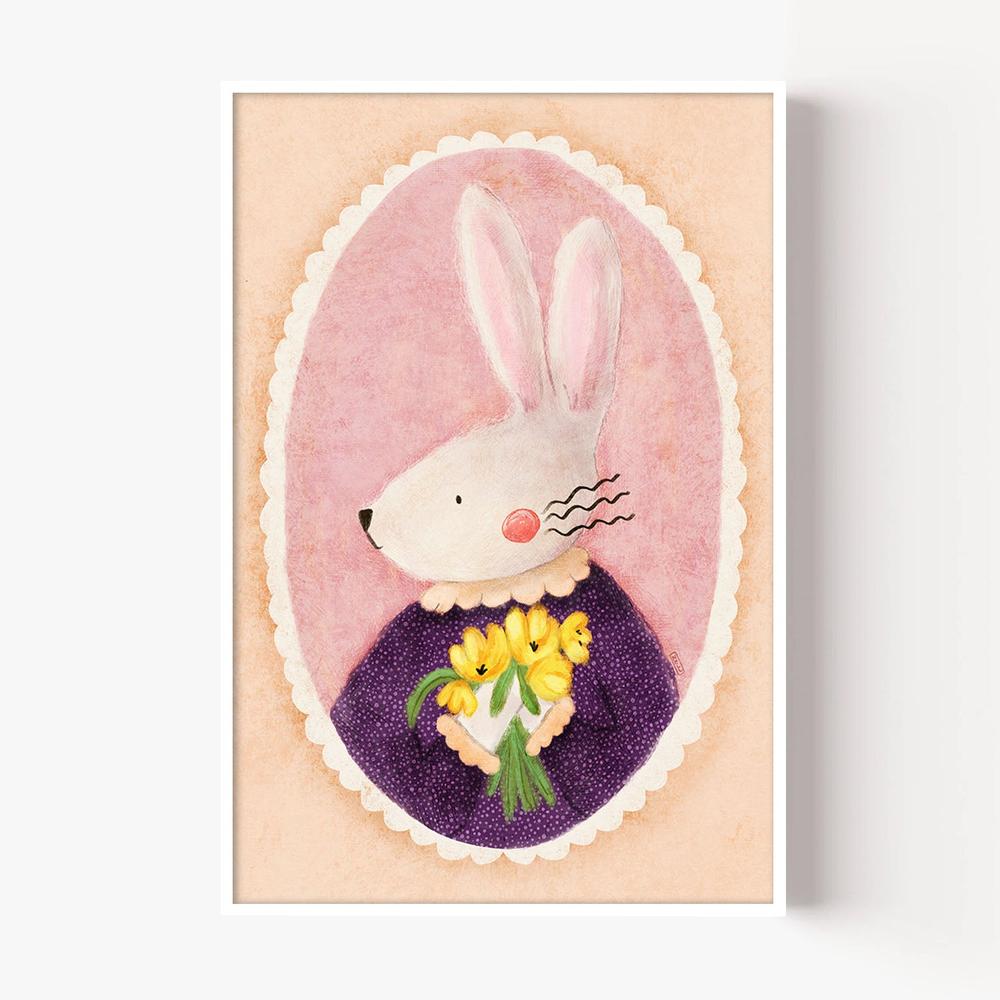 Charming Bunny With Tulips-by-Dirkie Nell-wall-art-print-canvas-poster-framed-Gioia