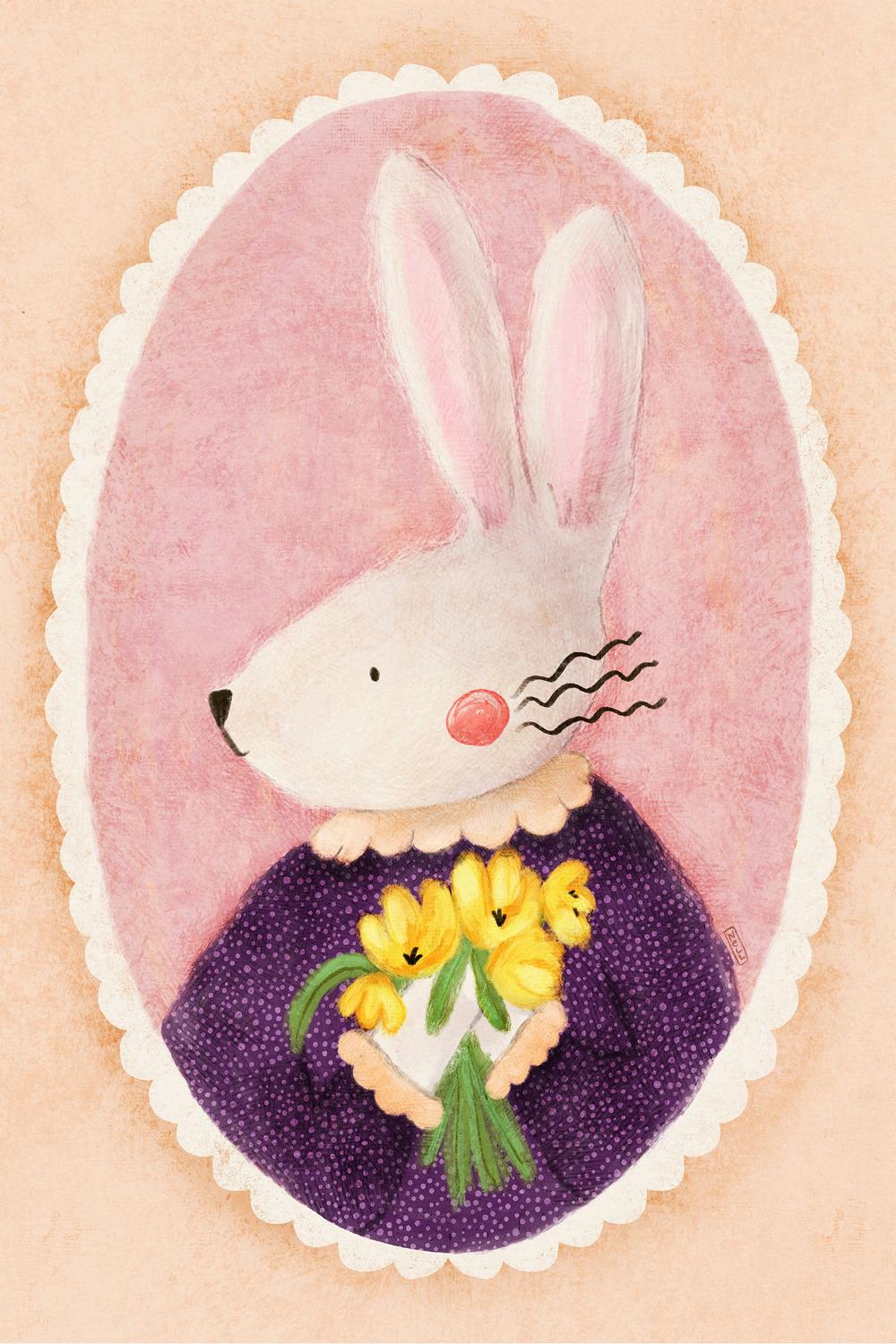 Charming Bunny With Tulips-by-Dirkie Nell-wall-art-print-canvas-poster-framed-Gioia