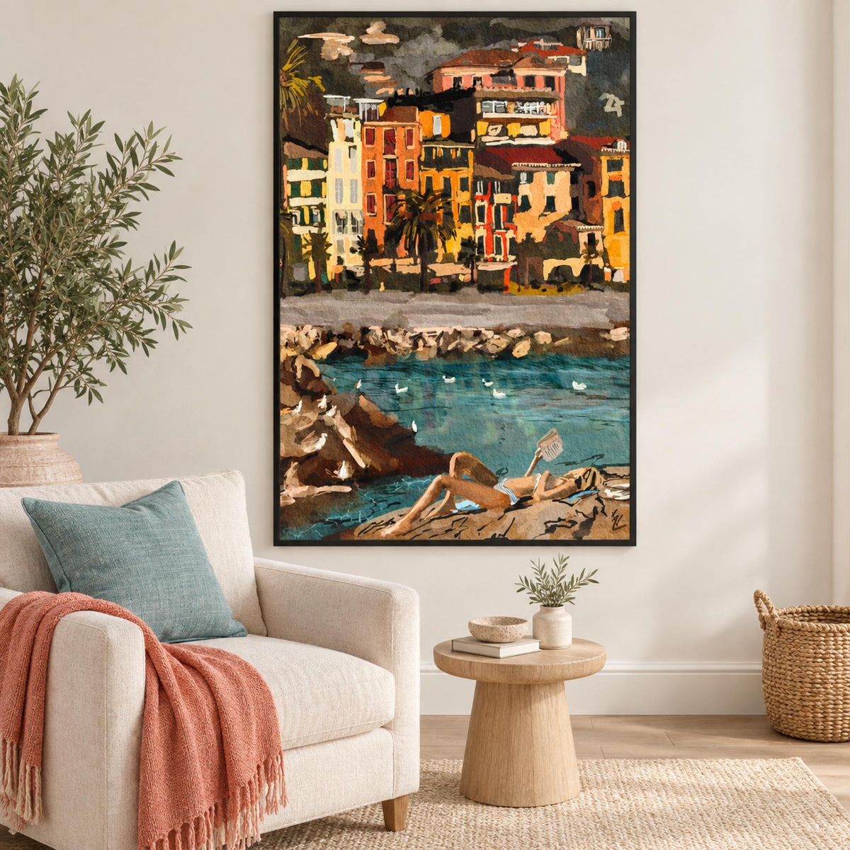 Cinque Terre Beach Time wall art styled in a bright coastal cozy corner