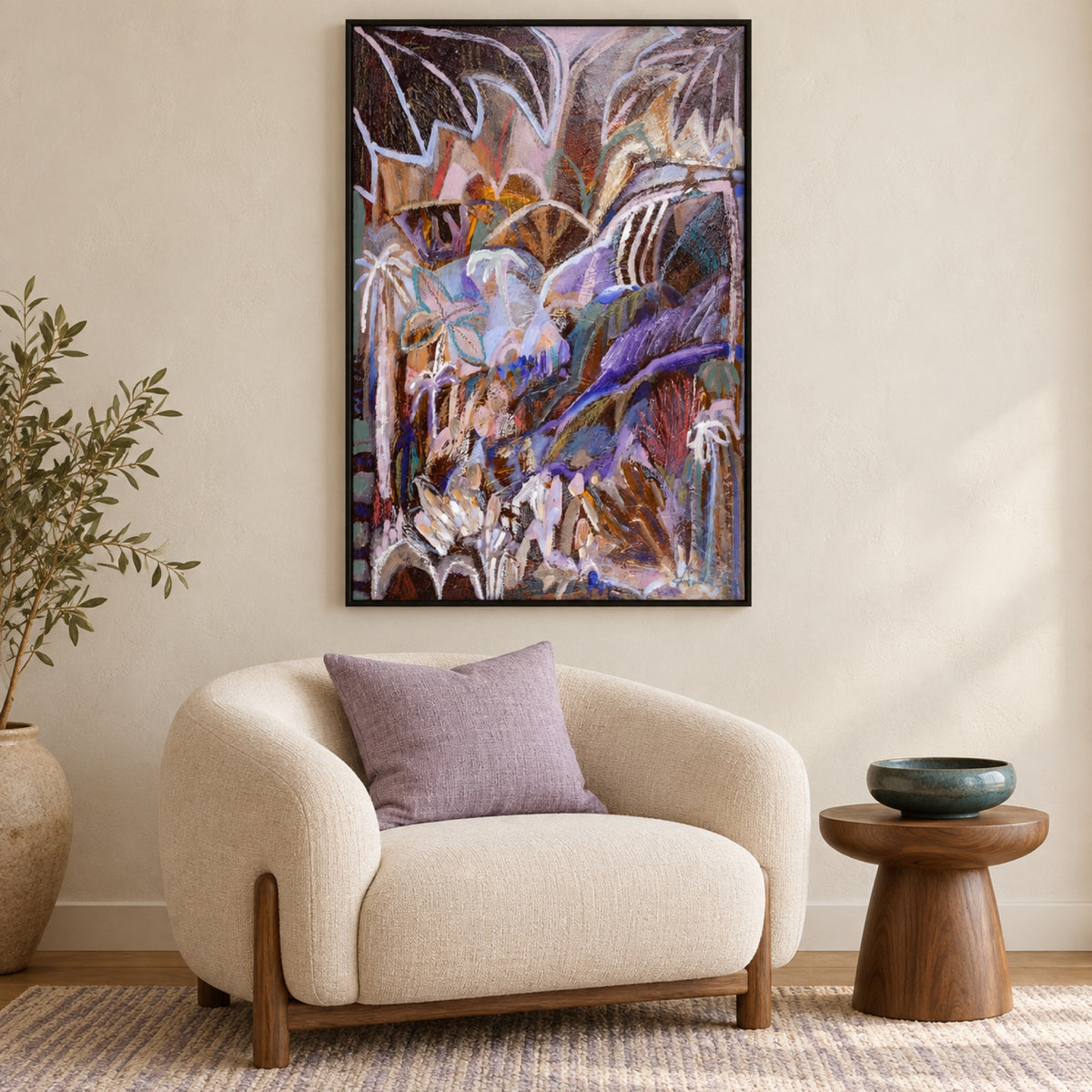 Clarity Came in the Quiet by Amanda Skye in a slim black frame above a cream lounge chair with a lilac cushion, walnut side table and teal ceramic bowl.