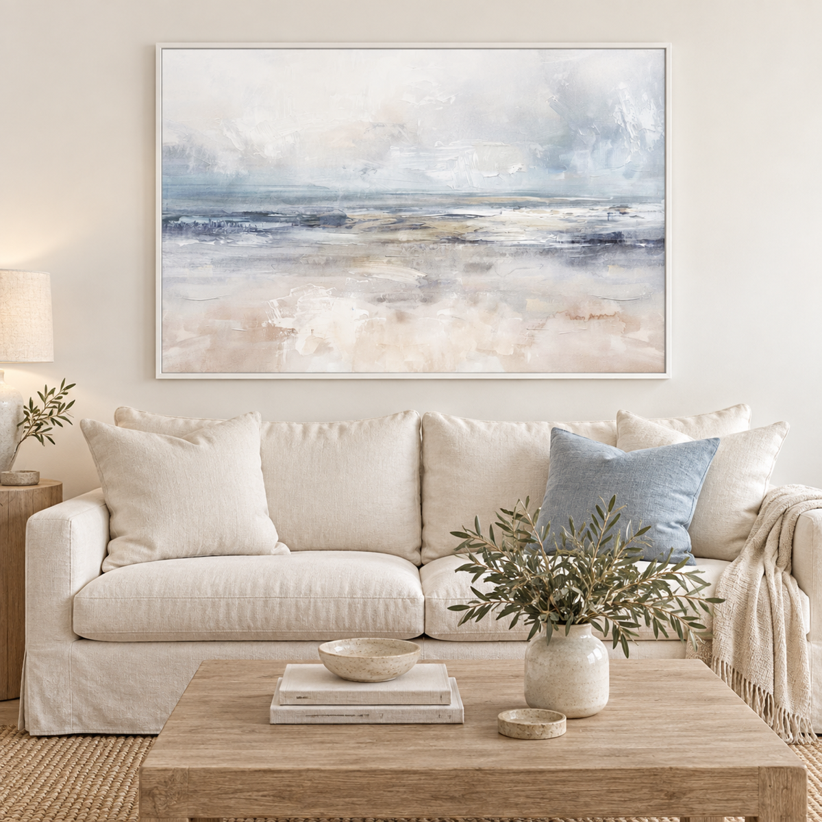 Coastal Breeze wall art styled in an airy Hamptons living room
