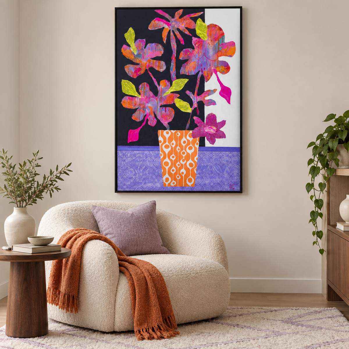 Constance by Lindy Farley in a black frame above a cream chair with lilac and orange textiles and walnut furniture.
