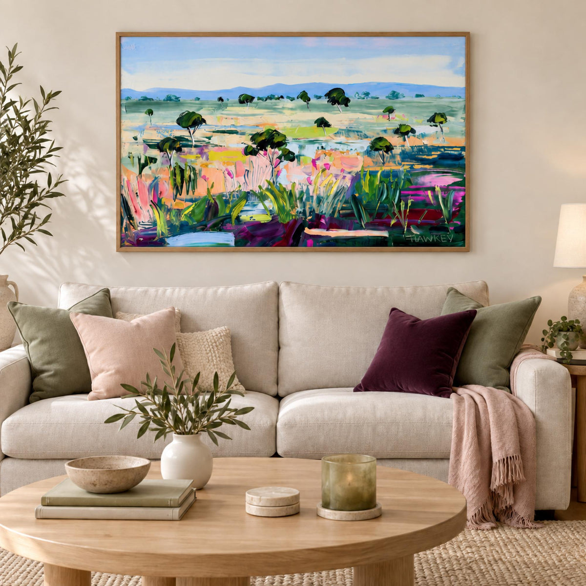 Contemplating Change wall art styled in a cosy contemporary living room with no mat border